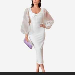 SHEIN White Long Sleeve Dress with Sheer Details